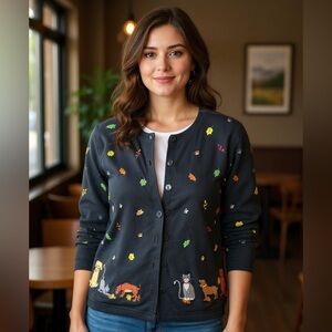 VTG Bechamel Embroidered Animal Cardigan Grandmacore Cottagecore Cat Dog Leaf MP